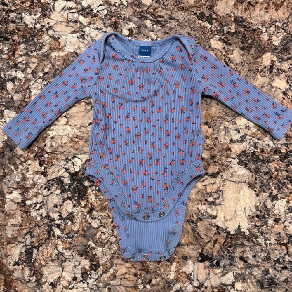 Old Navy Blue Ribbed Long-Sleeve Floral Baby One-Piece